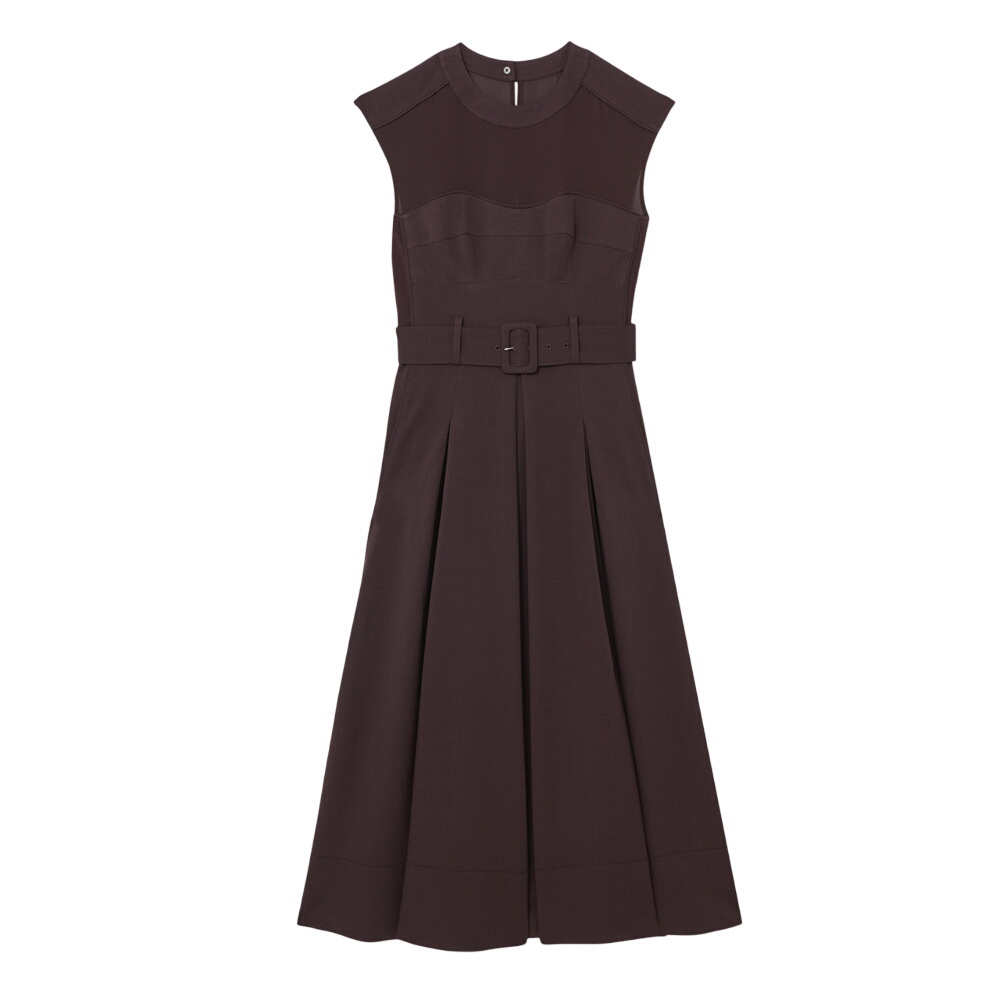 REISS Ava Mesh-Panel Belted Pleated Midi Dress